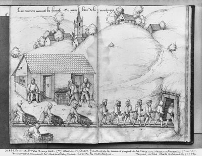 Silver Mine of La Croix-aux-Mines, Lorraine, fol.10v and fol.11r, Miners Pushing Trucks, c.1530 by Heinrich Gross or Groff